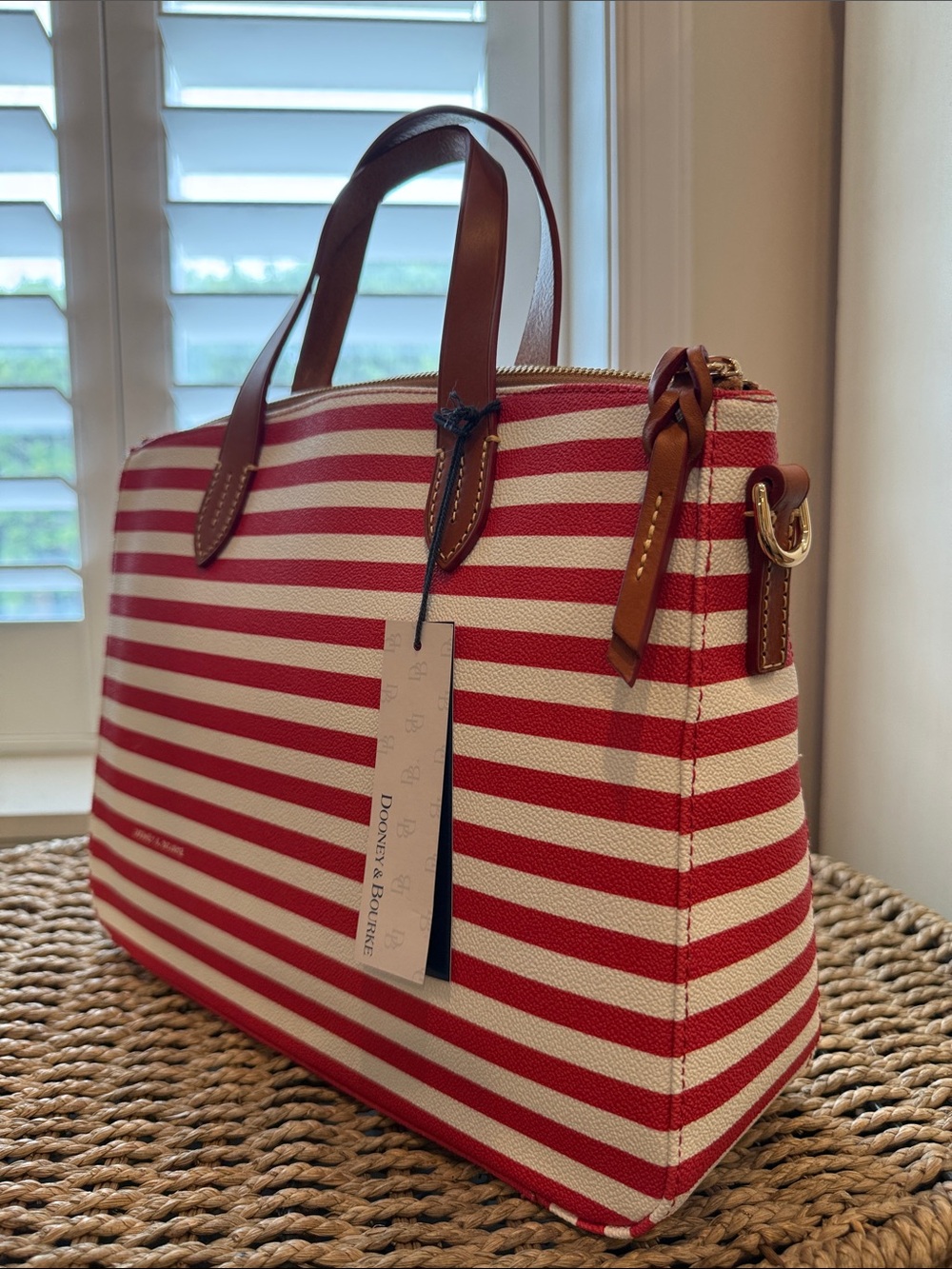 Dooney & Bourke Red and White Striped Satchel with Brown Trim - Picture 3 of 6